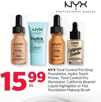 Rexall Nyx total control pro drop foundation, hydra touch primer, total control pro illuminator, california beamin' liquid highlight offer