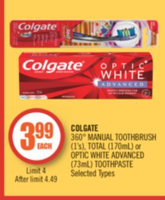 Shoppers Drug Mart Colgate 360° manual toothbrush (1's), total (170ml) or optic white advanced (73ml) toothpaste offer