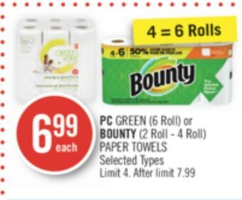 Shoppers Drug Mart Pc green (6 roll) or bounty (2 roll - 4 roll) paper towels offer