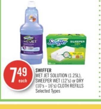 Shoppers Drug Mart Swiffer wet jet solution (1.25l), sweeper wet (12's) or dry (10's - 16's) cloth refills offer