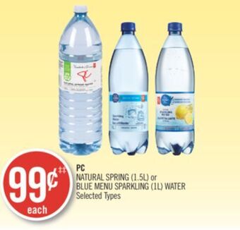Shoppers Drug Mart Pc natural spring (1.5l) or blue menu sparkling (1l) water offer