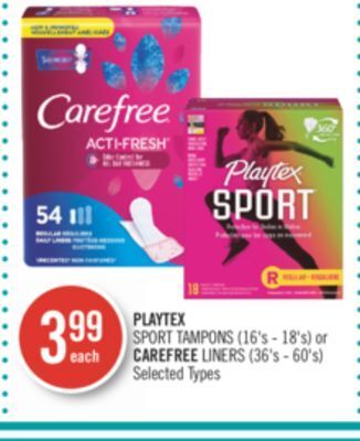 Shoppers Drug Mart Playtex sport tampons (16's - 18's) or carefree liners (36's - 60's) offer
