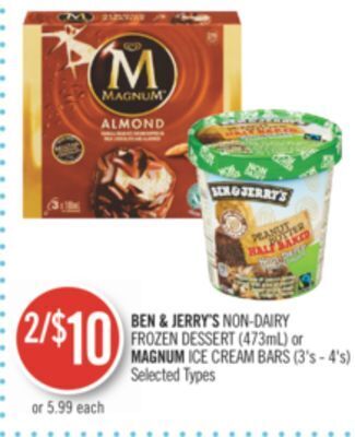 Shoppers Drug Mart Ben & jerry's non-dairy frozen dessert (473ml) or magnum ice cream bars (3's - 4's) offer