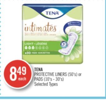 Shoppers Drug Mart Tena protective liners (50's) or pads (10's - 30's) offer