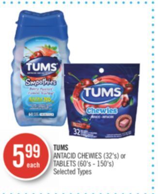 Shoppers Drug Mart Tums antacid chewies (32's) or tablets (60's - 150's) offer