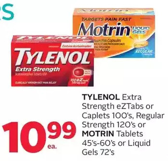 Rexall Tylenol extra strength eztabs or caplets, regular strength or motrin tablets or liquid gels offer