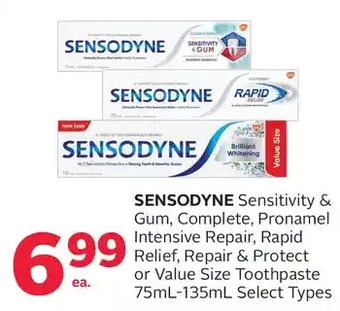 Rexall Sensodyne sensitivity & gum, complete, pronamel intensive repair, rapid relief, repair & protect or value size toothpaste offer