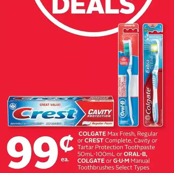 Rexall Colgate max fresh, regular or crest complete, cavity or tartar protection toothpaste or oral-b, colgate or g-u-m manual tooth offer