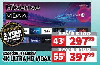 2001 Audio Video Hisense 4k ultra hd vidaa tv. 43" | 55" offer