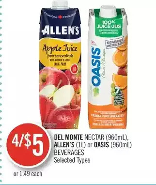 Shoppers Drug Mart Del monte nectar, allen's or oasis beverages offer