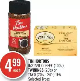 Shoppers Drug Mart Tim hortons instant coffee, twinings or tazo tea offer