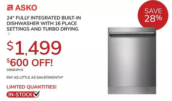 Goemans Appliances Asko 24" fully integrated built-in dishwasher with 16 place settings and turbo drying offer