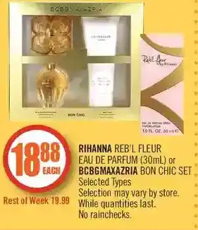 Shoppers Drug Mart Rihanna reb'l fleur eau de parfum or bcbgmaxazria bon chic set offer