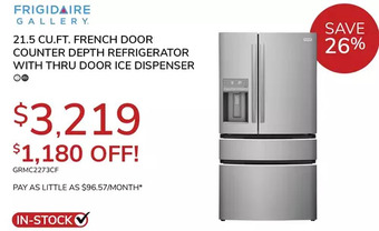 Goemans Appliances Frigidaire gallery 21.5 cu.ft. french door counter depth refrigerator with thru door ice dispenser offer