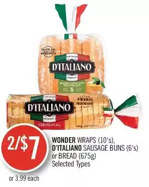 Shoppers Drug Mart Wonder wraps, d'italiano sausage buns or bread offer
