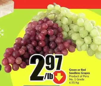 FreshCo Green or Red Seedless Grapes Product of Peru 6.55/kg offer