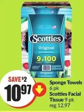 FreshCo Sponge Towels 6pk Scotties Facial 9pk offer