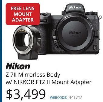 Vistek Nikon z 7ii mirrorless body w/ nikkor ftz ii mount adapter offer