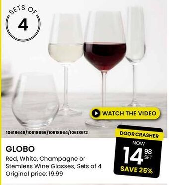 Stokes Globo red, white, champagne or stemless wine glasses offer