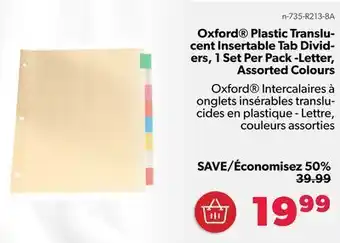 Shopper+ Oxford® plastic translu- cent insertable tab divid- ers, 1 set per pack -letter, assorted colours offer