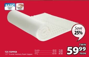 JYSK T25 topper 1.5" 5-zone memory foam topper offer