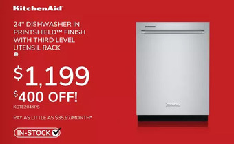 Goemans Appliances Kitchenaid 24" dishwasher in printshield finish with third level utensil rack offer