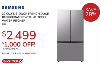 Goemans Appliances Samsung 30 cu.ft. 3-door french door refrigerator with autofill water pitcher offer