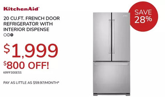 Goemans Appliances Kitchenaid 20 cu.ft. french door refrigerator with interior dispense offer