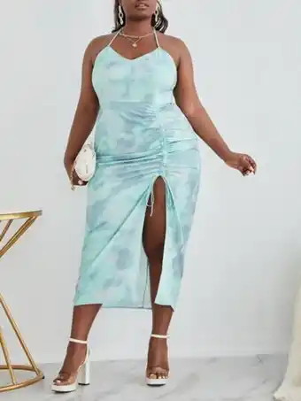 SheIn Plus tie dye drawstring slit hem halter neck dress offer