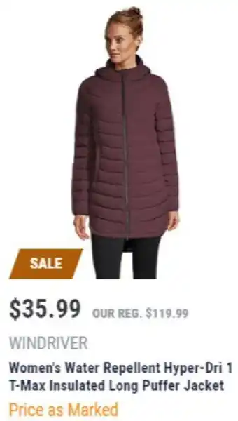 Mark's Windriver women's water repellent hyper-dri 1 t-max insulated long puffer jacket offer