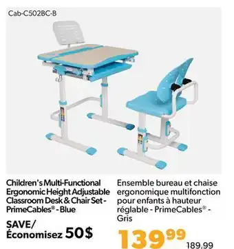 Children's multi-functional ergonomic height adjustable classroom desk & chair set - primecables® - blue