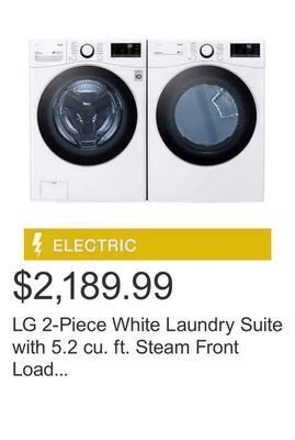 Costco Lg 2-piece white laundry suite with 5.2 cu. ft. steam front load washer with ai dd and 7.4 cu. ft. electric dryer with thinq offer
