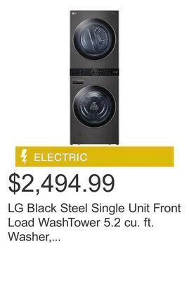 Costco Lg black steel single unit front load washtower 5.2 cu. ft. washer, 7.4 cu. ft. electric dryer offer