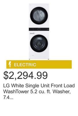 Costco Lg white single unit front load washtower 5.2 cu. ft. washer, 7.4 cu. ft. electric dryer offer