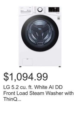 Costco Lg 5.2 cu. ft. white ai dd front load steam washer with thinq technology and wi-fi enabled offer