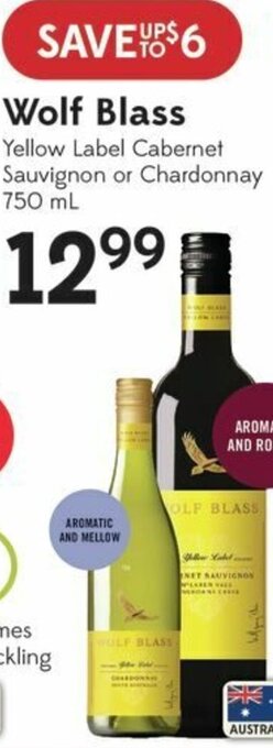 Sobeys Wolf Blass Yellow label cabernet sauvignon or chardonnay 750ml offer