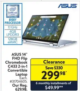 Walmart Asus 14" fhd flip chromebook c433 2-in-1 convertible laptop offer