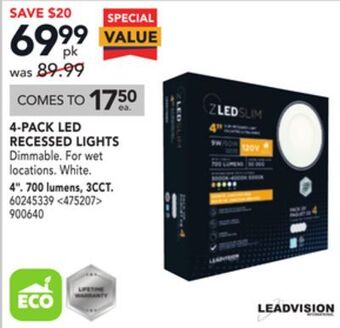 Lowe's Leadvision 4-pack led recessed lights 4" offer