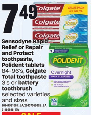 Loblaws Sensodyne rapid relief or repair and protect toothpaste, polident tablets 84-96's, colgate total toothpaste 3's or battery to offer