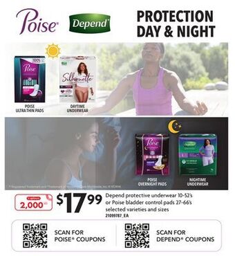 Loblaws Depend protective underwear 10-52's or poise bladder control pads 27-66's offer