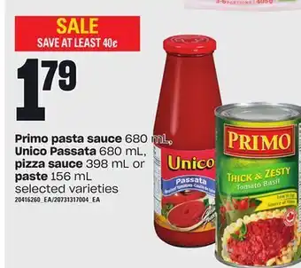 Loblaws Primo pasta sauce 680 ml, unico passata 680 ml, pizza sauce 398 ml or paste 156 ml offer