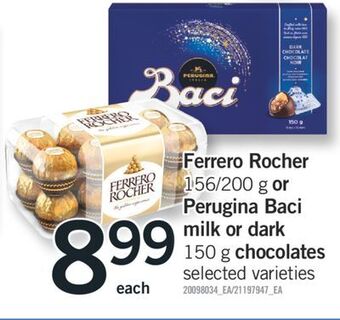 Fortinos Ferrero rocher, 156/200 g or perugina baci milk or dark, 150 g chocolates offer