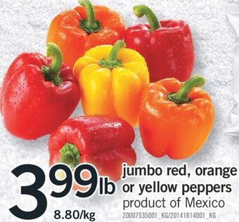 Fortinos Jumbo red, orange or yellow peppers offer