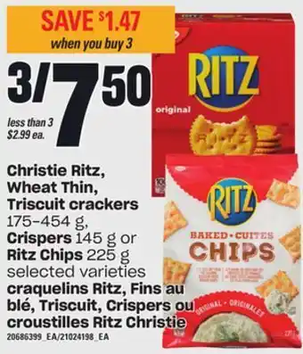 Independent Grocer Christie ritz, wheat thin, triscuit crackers, 175-454 g, crispers, 145 g or ritz chips, 225 g offer