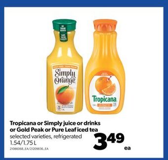 Real Canadian Superstore Tropicana or simply juice or drinks or gold peak or pure leaf iced tea, 1.54/1.75 l offer