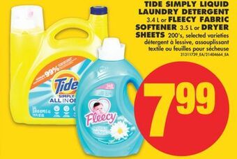 No Frills Tide simply liquid laundry detergent, 3.4 l or fleecy fabric softener, 3.5 l or dryer sheets, 200's offer