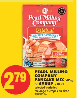 No Frills Pearl milling company pancake mix, 905 g or syrup, 710 ml offer