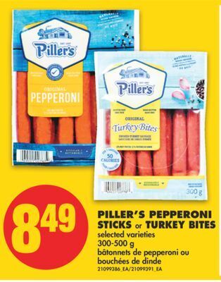 No Frills Piller's pepperoni sticks or turkey bites, 300-500 g offer