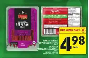Food Basics Irresistibles pepperoni sticks or saputo mozzarella ball offer