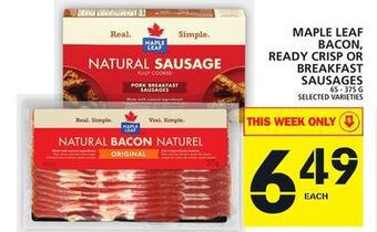 Food Basics Maple leaf bacon, ready crisp or breakfast sausages offer
